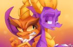 2023 activision anthro blazemizu clothing dragon duo feral gradient_background horn looking_at_another male orange_body orange_scales pronounced_browridge purple_body purple_eyes purple_scales quadruped ripto scales scalie signature simple_background spyro spyro_the_dragon western_dragon yellow_sclera 
