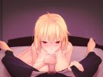  1boy 1girl arcueid_brunestud bar_censor blonde_hair blush breasts censored clothed_male_nude_female collarbone erection fellatio handjob hetero highres jewelry kunabishi large_breasts looking_at_viewer necklace nipples nude open_mouth oral penis pov puffy_nipples red_eyes short_hair solo_focus tohno_shiki tsukihime 