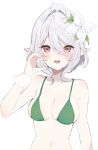  1girl :d alternate_breast_size antenna_hair arm_at_side bare_shoulders bikini blush breasts cleavage collarbone elf eyelashes flower green_bikini grey_hair hair_between_eyes hair_flower hair_ornament hand_up highres kokkoro_(princess_connect!) large_breasts leaf_hair_ornament looking_at_viewer navel open_mouth pointy_ears princess_connect! red_eyes scrunchie short_hair simple_background smile solo straight-on swimsuit upper_body white_background white_flower white_scrunchie wrist_scrunchie yupi_(yuyupiko01) 