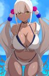  1girl absurdres alternate_costume arms_behind_back bikini blonde_hair blue_sky breasts brown_eyes cleavage collarbone commentary dark_skin day daydarion front-tie_bikini_top front-tie_top hair_ornament highres hololive hololive_english large_breasts leaning_forward long_hair looking_at_viewer navel ocean planet_hair_ornament side-tie_bikini_bottom sky smile solo swimsuit tsukumo_sana twintails very_long_hair virtual_youtuber white_bikini 