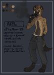  anthro axel_(bucklucky) black_nose blue_background bottomwear brown_eyes brown_hair clothed clothing facial_spots fur glistening glistening_eyes grey_bottomwear grey_clothing grey_pants hair hi_res hyena male mammal model_sheet narrowed_eyes no_pupils pants signature simple_background solo spots spotted_arms spotted_body spotted_face spotted_fur spotted_hyena spotted_neck standing tan_body tan_fur topless 