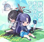  2girls ako_(blue_archive) black_hair black_wings blue_archive blue_hair blush bottle breasts chibi closed_eyes commentary_request feathered_wings hair_between_eyes hairband halo hasumi_(blue_archive) hasumi_(track)_(blue_archive) holding holding_bottle honda_tamanosuke id_card jacket long_hair long_sleeves mole mole_under_eye multiple_girls open_clothes open_jacket open_mouth parted_lips ponytail shirt shoes short_sleeves sitting socks sweat translation_request v very_long_hair water_bottle wings yuuka_(blue_archive) yuuka_(track)_(blue_archive) 