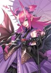  1girl belt blue_eyes elizabeth_bathory_(fate) elizabeth_bathory_(japan)_(fate) fang fate/grand_order fate_(series) finger_cots highres holding holding_umbrella horns japanese_clothes kimono long_hair looking_at_viewer microphone microphone_stand multicolored_hair oni_horns parted_lips pink_hair pointy_ears purple_kimono redauto skin_fang sleeveless sleeveless_kimono smile solo studded_belt two-tone_hair umbrella white_background white_hair wings 