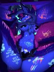  absurd_res anthro archantael armwear blacklight body_writing canid canine chest_tuft clothing female fishnet fishnet_armwear fox hi_res looking_at_viewer mammal nipple_tape pangolin pasties solo sunshinez tape tuft womb_tattoo 