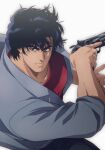  1boy absurdres black_hair black_pants city_hunter closed_mouth collarbone grey_jacket gun handgun highres holding holding_gun holding_weapon jacket large_pectorals male_focus muscular muscular_male pants pectorals red_shirt saeba_ryou shirt short_hair solo weapon white_background yuu_(masarunomori) 