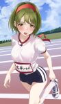  1girl absurdres blush breasts buruma green_eyes gym_uniform headband highres idolmaster idolmaster_shiny_colors kneehighs lavalier_microphone looking_at_viewer medium_breasts name_tag nanakusa_nichika open_mouth outdoors red_headband running_track shoes short_hair short_sleeves sneakers socks solo standing standing_on_one_leg sweatdrop uouokuma white_socks 