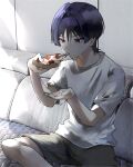  1boy absurdres alternate_costume black_hair cheese_trail commentary couch eating food genshin_impact grey_shorts hair_between_eyes highres holding holding_food holding_pizza ike_0910 indoors male_focus pizza pizza_slice purple_eyes purple_hair scaramouche_(genshin_impact) shirt short_sleeves shorts sitting solo symbol-only_commentary white_shirt 
