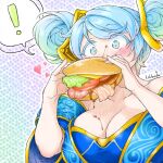  ! 1girl alternate_hairstyle artist_name blue_background blue_dress blue_hair blush breasts burger burger_malfunction cleavage collarbone double_bun dress food green_eyes green_hair hair_bun hair_ornament hands_up holding holding_food large_breasts league_of_legends lolboja multicolored_hair short_sleeves solo sona_(league_of_legends) speech_bubble spoken_exclamation_mark swept_bangs two-tone_hair white_background 