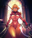  1girl adapted_costume babusgames belt blonde_hair blue_eyes breasts brooch covered_navel crown halberd highleg highleg_leotard highres jewelry leotard mario_(series) mini_crown polearm princess_peach scarf serious shoulder_pads solo stained_glass stairs the_super_mario_bros._movie weapon 