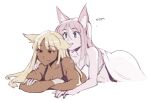  2girls animal_ears biting blonde_hair cat_ears cat_girl collarbone colored_skin dark-skinned_female dark_skin dress ear_biting english_commentary flora_(heartgear) gloves green_eyes heartgear interracial multiple_girls original pink_hair red_eyes tansy_(heartgear) white_background white_dress white_gloves white_skin yuri 