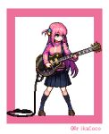  1girl arikacoco blue_eyes bocchi_the_rock! cube_hair_ornament electric_guitar full_body gibson_les_paul gotou_hitori guitar hair_between_eyes hair_ornament holding holding_instrument instrument jacket long_hair long_sleeves lowres one_side_up pink_hair pink_jacket pink_track_suit pixel_art simple_background skirt solo sprite standing track_jacket white_background 