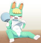  2023 3_toes 4_fingers animal_crossing anthro blonde_hair blush bodily_fluids clothed clothing eyes_closed featureless_crotch feet fingers fur green_body green_fur hair hi_res holding_object lagomorph leporid mammal multicolored_ears navel nintendo partially_clothed rabbit sasha_(animal_crossing) sitting solo spread_legs spreading sum sweat toes tongue white_body white_ears white_fur 