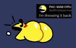  big_butt black_eyes blue_background blush butt digital_media_(artwork) english_text looking_back male open_mouth pac-man pac-man_(series) pie_cut_eyes rear_view simple_background solo superiorfox text thick_thighs waddling_head yellow_body 