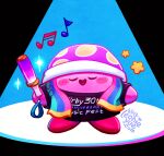  anniversary black_shirt blush_stickers closed_eyes colored_skin glowstick holding_glowstick kirby kirby_(series) kirby_30th_anniversary_music_festival leonieyue musical_note no_humans pink_skin purple_headwear shirt signature solo sparkle star_(symbol) 