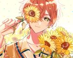  1boy closed_mouth commentary earrings fingernails flower gg_suyari green_eyes hair_between_eyes holding holding_flower jewelry leaf long_sleeves looking_at_viewer male_focus official_alternate_costume one_eye_covered orange_hair project_sekai sailor_collar shinonome_akito short_hair solo sunflower sunflower_earring symbol-only_commentary the_vivid_old_tale_(project_sekai) 