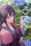  1girl blue_eyes blue_flower blue_kimono brown_hair capelet commentary flower hand_up highres hydrangea japanese_clothes kimono long_hair love_live! love_live!_nijigasaki_high_school_idol_club ousaka_shizuku outdoors parted_lips red_capelet shamakho signature watermark 