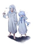  ... 1boy 1girl alnyak barefoot blue_hair candle closed_eyes closed_mouth full_body furina_(genshin_impact) genshin_impact hair_between_eyes hat highres long_hair long_sleeves multicolored_hair neuvillette_(genshin_impact) nightgown pajamas pointy_ears pom_pom_(clothes) simple_background spoken_ellipsis very_long_hair white_background white_hair white_headwear white_nightgown 
