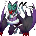  absurd_res anthro biped black_body breasts cleavage clothed clothing english_text eyelashes female generation_6_pokemon green_sclera hi_res nintendo noivern pokemon pokemon_(species) purple_body simple_background solo text togetoge white_background yellow_eyes 