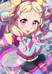  1girl absurdres birthday blonde_hair blush braid commentary from_above gradient_hair highres kyaku_tatsu long_hair looking_at_viewer love_live! love_live!_superstar!! multicolored_hair onitsuka_natsumi pink_eyes pink_hair smile solo sparkle twin_braids upper_body vitamin_summer! 