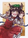  1girl :d animal_ear_fluff animal_ear_piercing animal_ears blush_stickers border bow bowtie breasts brown_eyes brown_hair cat_ears cat_tail chen claw_pose commentary_request earrings fang fingernails gold_trim gradient_background hair_between_eyes hands_up happy highres jewelry long_sleeves looking_at_viewer medium_hair messy_hair multiple_tails myui17901139 nekomata open_mouth outside_border paw_print paw_print_background petite petticoat red_skirt red_vest sharp_fingernails single_earring skirt skirt_set slit_pupils small_breasts smile solo tail touhou two_tails vest white_border white_bow white_bowtie yellow_eyes 