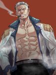  109ddong 1boy abs absurdres bara bare_pectorals belt black_pants cigar coat cowboy_shot facial_hair fur-trimmed_coat fur_trim goatee highres looking_at_viewer male_focus mature_male muscular muscular_male navel one_piece open_clothes open_coat open_mouth pants pectorals red_background short_hair shoulder_pads smoke smoker_(one_piece) solo stitched_face stitches tassel undercut white_hair 