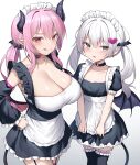  2girls alexmaster apron bare_shoulders black_dress blush breasts cleavage collarbone demon_girl demon_horns demon_tail demon_wings dress green_eyes highres horns large_breasts long_hair looking_at_viewer maid maid_headdress multiple_girls open_mouth original pointy_ears small_breasts smile tail thighhighs thighs twintails waist_apron white_apron white_hair wings 