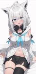  ahoge animal_ears aqua_eyes black_thighhighs braid breasts fox_ears fox_girl grey_hair highres hololive long_hair looking_at_viewer medium_breasts motono_(sakamotono) navel open_mouth shirakami_fubuki shirakami_fubuki_(1st_costume) short_hair simple_background single_braid single_thighhigh sitting smile thigh_strap thighhighs virtual_youtuber white_background 