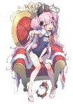  1girl absurdres animal_ears armpits blue_one-piece_swimsuit chair cloak crown double_bun fukutchi fur_trim hair_bun highres legs long_hair looking_at_viewer name_tag old_school_swimsuit one-piece_swimsuit open_mouth original outstretched_arm pink_eyes pink_hair rabbit_ears rabbit_girl rabbit_tail red_cloak school_swimsuit shoes sitting smile swimsuit swimsuit_under_clothes tail thighs throne twintails v very_long_hair white_footwear 