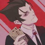  1boy bags_under_eyes black_eyes black_hair black_jacket black_necktie close-up closed_mouth club_(shape) commentary dress_shirt english_commentary expressionless formal hair_slicked_back hand_up head_tilt highres holding holding_money jacket kaiki_deishuu long_sleeves looking_at_viewer male_focus money monogatari_(series) moshimoshibe necktie pale_skin pink_background portrait red_background red_necktie shirt solo suit suit_jacket two-tone_background white_shirt 