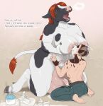  anthro areola belly belly_grab big_areola big_breasts big_teats big_udders bodily_fluids bovid bovine breast_grab breast_play breast_suck breastfeeding breasts breasts_and_teats cattle cleavage clothed clothing dewclaw_hooves duo english_text female hand_on_breast hi_res holstein_friesian_cattle hooves huge_breasts human interspecies kneeling lactating larger_female looking_pleasured male male/female mammal milk milking_request nipple_fetish nipple_play nipple_suck nipples open_mouth pig_(artist) size_difference slightly_chubby smaller_male sucking teats text thick_thighs transformation udders wide_hips 
