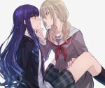  2girls after_kiss aoki_shizumi azusawa_kohane black_socks blue_hair blush brown_eyes brown_hair commentary_request diagonal-striped_necktie eye_contact fingernails grey_serafuku hand_on_another&#039;s_thigh hand_up kamiyama_high_school_uniform_(project_sekai) kneehighs long_hair looking_at_another medium_hair miyamasuzaka_girls&#039;_academy_school_uniform multiple_girls neckerchief parted_lips plaid plaid_skirt project_sekai purple_hair red_neckerchief sailor_collar saliva saliva_trail school_uniform serafuku shiraishi_an skirt socks yuri 