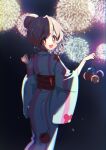  1girl :d aerial_fireworks brown_eyes chromatic_aberration commentary fireworks floral_print from_behind grey_hair hair_bun hair_up highres japanese_clothes kimono looking_at_viewer looking_back motituki0 onii-chan_wa_oshimai! open_mouth oyama_mahiro paid_reward_available print_kimono sash smile solo water_balloon wide_sleeves yukata 