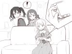  ! 3girls braid collared_dress couch drawstring dress flying_sweatdrops greyscale hair_ornament hairclip handheld_game_console hood hood_down hooded_jacket idolmaster idolmaster_cinderella_girls jacket long_hair long_sleeves miyoshi_sana monochrome morikubo_nono multiple_girls on_couch playstation_portable puffy_long_sleeves puffy_sleeves revision ringlets shared_speech_bubble sitting speech_bubble spoken_exclamation_mark sunazuka_akira twin_braids twintails uccow 