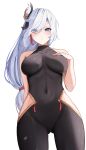  1girl absurdres arm_behind_back ass_visible_through_thighs bare_shoulders black_bodysuit blue_eyes bodysuit breasts collarbone eyes_visible_through_hair genshin_impact hair_ornament hair_over_one_eye hand_on_own_chest highres hip_vent large_breasts long_hair looking_at_viewer low-tied_long_hair parted_lips shenhe_(genshin_impact) simple_background solo tassel very_long_hair white_background white_hair yeni1871 