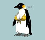  animal_focus artist_name bikini bird blue_background breasts breasts_apart commentary emperor_penguin english_commentary full_body highres medium_breasts no_humans original penguin pikat simple_background solo standing swimsuit yellow_bikini 