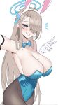  absurdres animal_ears armpits asuna_(blue_archive) asuna_(bunny)_(blue_archive) black_pantyhose blue_archive blue_bow blue_bowtie blue_eyes blue_halo blue_leotard blush bow bowtie breasts cleavage commentary_request covered_navel cowboy_shot dalgam12 detached_collar elbow_gloves fake_animal_ears gloves grin hair_over_one_eye halo hand_up heart heart-shaped_pupils highleg highleg_leotard highres huge_breasts korean_commentary leotard looking_at_viewer mole mole_on_breast notice_lines one_eye_covered open_mouth pantyhose parted_bangs playboy_bunny rabbit_ears selfie sidelocks simple_background smile strapless strapless_leotard symbol-shaped_pupils teeth traditional_bowtie v white_background white_gloves 
