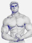  1boy abs bara cowboy_shot facial_hair fist_in_hand goatee greyscale highres huge_eyebrows large_pectorals looking_at_viewer male_focus mature_male monochrome muscular muscular_male nipples noga_(noga_0309) pectorals realistic senpai_ga_uzai_kouhai_no_hanashi short_hair sideburns smile solo stomach stubble takeda_harumi_(shiromanta) thick_eyebrows topless_male traditional_media veins veiny_arms 