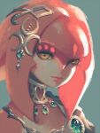  1girl artist_name bellhenge blue_background blue_gemstone commentary crescent crescent_hair_ornament english_commentary epaulettes eyelashes gem hair_ornament lipstick looking_at_viewer makeup mipha pink_lips silver_choker single_epaulette solo the_legend_of_zelda the_legend_of_zelda:_breath_of_the_wild upper_body yellow_eyes zora 