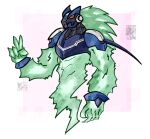  absurd_res armor blue_body capcom digital_drawing_(artwork) digital_media_(artwork) electricity electricity_creature elemental_creature em_being green_body hi_res male mega_man_(series) mega_man_star_force red_eyes science_fiction simple_background solo teyl&#039;nir_(artist) video_games 