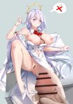  1boy 1girl absurdres anus arm_rest azur_lane bar_censor bare_shoulders between_breasts breasts breasts_out censored collar commentary_request dress flower_in_eye gloves halo high_heels highres iridescent light_purple_hair long_hair looking_at_viewer navel penis pinky_out plymouth_(azur_lane) pov pov_crotch pov_hands purple_eyes pussy red_ribbon ribbon shoes smile speech_bubble strap_between_breasts symbol_in_eye tareme whatwine white_background white_collar white_dress 