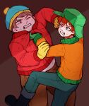  2boys angry animification blood boots brown_hair coat eric_cartman fighting gloves green_gloves green_headwear gummybear2379 hat kyle_broflovski male_focus midriff_peek multiple_boys one_eye_closed orange_coat pants red_coat red_hair scar scar_on_face south_park sweatdrop teeth yellow_gloves 