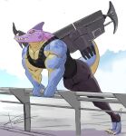  alien anthro biceps black_bottomwear black_clothing black_pants black_shirt black_tank_top black_topwear bottomwear breeze claws clothing crimenes empty_eyes hi_res insomniac_games jet_pack leaning_on_railing lizard male muscular muscular_anthro muscular_male outside pants pecs purple_head ratchet_and_clank red_eyes reptile scalie shirt signature solo sony_corporation sony_interactive_entertainment tank_top teeth thugs-4-less topwear 
