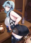  1boy 1girl absurdres aether_(genshin_impact) arm_support ass bent_over blue_hair bottle breasts eula_(genshin_impact) genshin_impact gloves hair_ornament hand_on_own_hip headband highres indoors kanta_(kanta_077) large_breasts looking_back sleeveless table thighhighs 