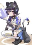  1girl animal_ears arm_guards bare_shoulders baseball_bat baseball_cap baseball_uniform bell bike_shorts black_gloves black_hair blue_ribbon blush cat cat_ears cat_tail closed_mouth elbow_gloves fake_animal_ears fake_tail gloves haruyuki_(gffewuoutgblubh) hat highres holding holding_baseball_bat idolmaster idolmaster_shiny_colors looking_at_another morino_rinze neck_bell red_eyes ribbon scrunchie shoes short_hair simple_background sneakers solo sportswear squatting tail thighhighs white_background white_ribbon white_thighhighs yellow_ribbon 