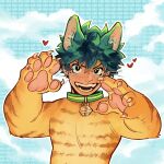  1boy animal_ears animal_hands bell boku_no_hero_academia cat_boy cat_ears claws collar commentary english_commentary freckles furrification furry furry_male green_collar green_eyes green_hair habkart hair_between_eyes hands_up heart highres looking_at_viewer male_focus midoriya_izuku neck_bell open_mouth orange_fur pawpads short_hair smile solo teeth upper_body 