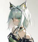  1girl animal_ears arknights bare_shoulders black_choker cat_ears cat_girl choker gradient_background green_eyes grey_background highres kal&#039;tsit_(arknights) lianchuanshi1 looking_at_viewer off_shoulder portrait short_hair solo white_hair 