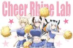  3girls abs animal_ears arknights arm_up blonde_hair blush breasts cheering cheerleader dorothy_(arknights) feather_hair heka=ton highres horns large_breasts long_hair midriff multiple_girls navel orange_eyes pom_pom_(cheerleading) ptilopsis_(arknights) saria_(arknights) sweat tail white_hair yellow_eyes 