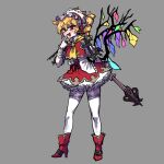  1girl alternate_costume alternate_hairstyle ascot blonde_hair boots crystal drill_hair flandre_scarlet frilled_skirt frilled_sleeves frills full_body high_heel_boots high_heels highres holding holding_weapon kaibootsu looking_at_viewer miniskirt red_eyes red_footwear red_skirt skirt slit_pupils solo thighhighs touhou weapon white_thighhighs wings yellow_ascot 