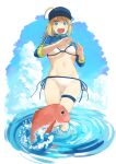  1girl ahoge ao_tsukushi artoria_pendragon_(fate) baseball_cap bikini blonde_hair blue_eyes breasts fate/grand_order fate_(series) fish hair_through_headwear hat highres large_breasts mysterious_heroine_xx_(fate) navel shrug_(clothing) side-tie_bikini_bottom swimsuit thigh_strap wading water white_bikini 