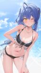  1girl ;o amamiya_kokoro bikini black_bikini blue_hair blue_sky breasts cloud day frilled_bikini frills hand_on_own_thigh highres holding holding_water_gun kanzarin looking_at_viewer nijisanji one_eye_closed outdoors side-tie_bikini_bottom sky small_breasts solo standing swimsuit virtual_youtuber water_gun wet yellow_eyes 